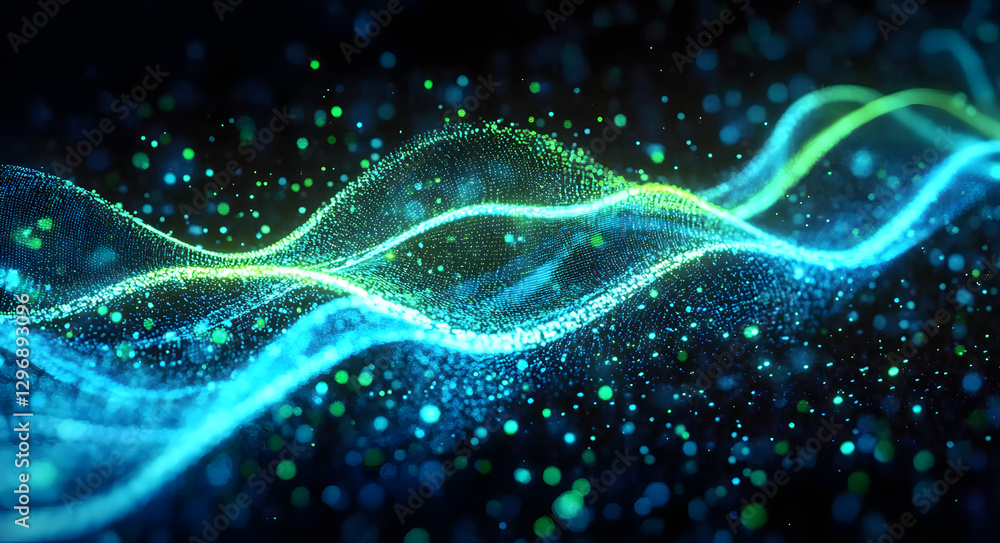 Poster background with glowing light blue and green lines, particles of data flowing in the air..