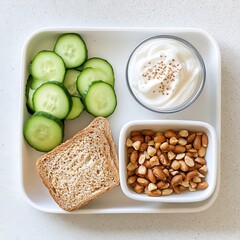 Healthy snack ideas cucumber yogurt and nuts on a plate kitchen food photography bright setting close-up