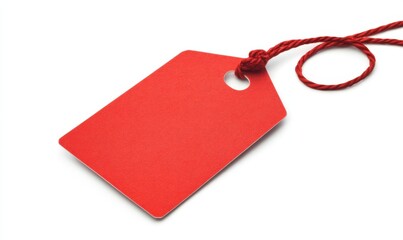 Fototapeta premium A red tag hangs delicately from a string on a white background