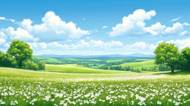 Rolling Hills and Endless Meadows Under Serene Blue Sky Adorned with Fluffy White Clouds