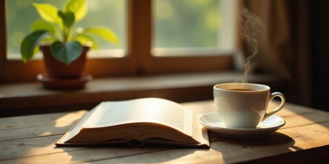 A warm cup of tea, a captivating book, and the gentle sunlight filtering through a window, creating a peaceful and inviting atmosphere for quiet contemplation and relaxation.
