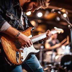Live music performance by talented guitarist at local venue urban setting candid shot passionate vibe