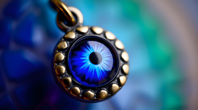 Close-up gold nazar amulet evil eye protection, mysticism, sight	

