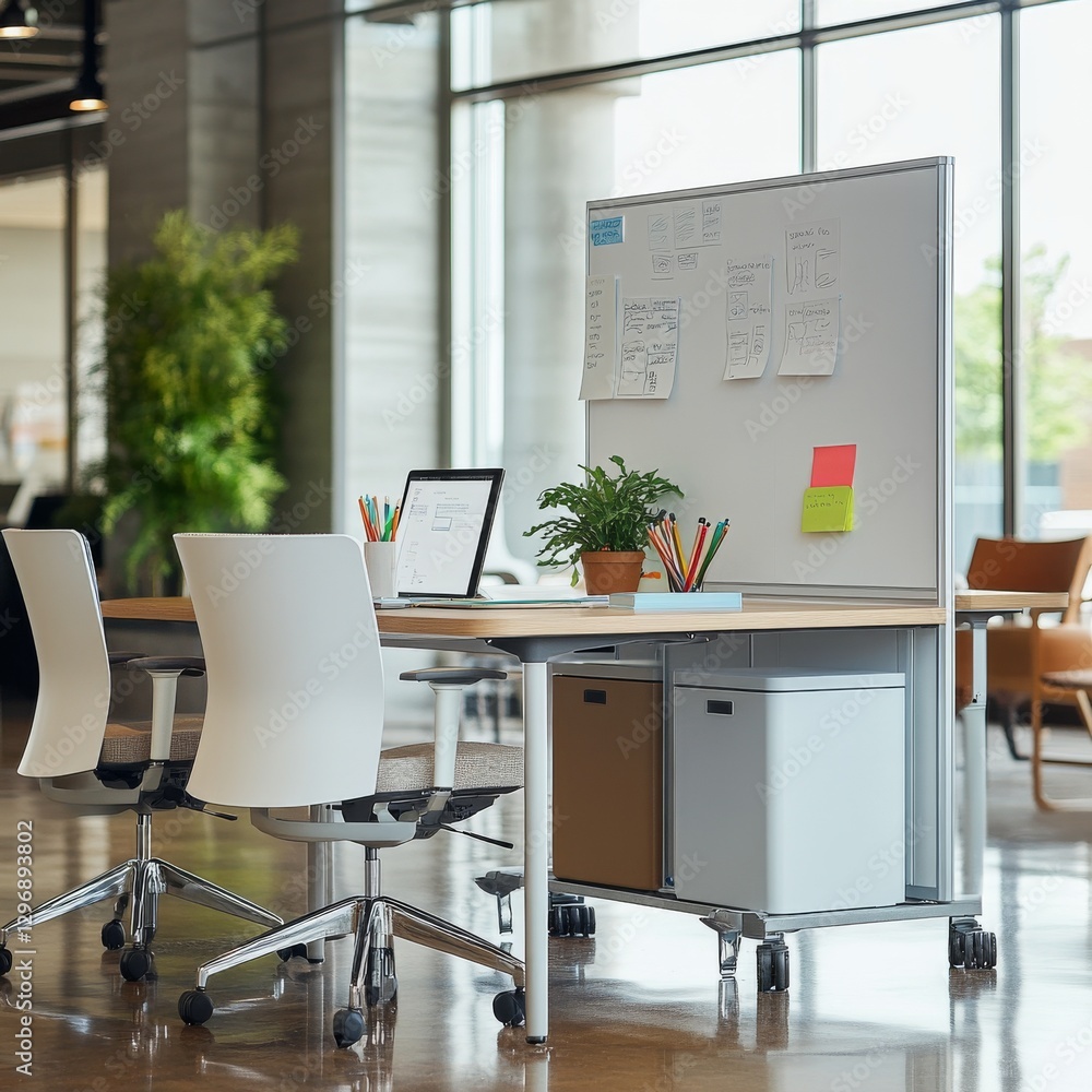 Poster Bright Office Workspace with Modern Desk and Whiteboard for Collaborative Projects in a Contemporary Environment