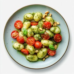 Highresolution photo of Gnocchi al Pesto on blue plate
