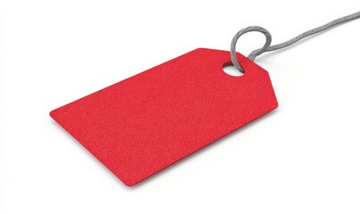 A red tag hangs delicately from a string on a white background