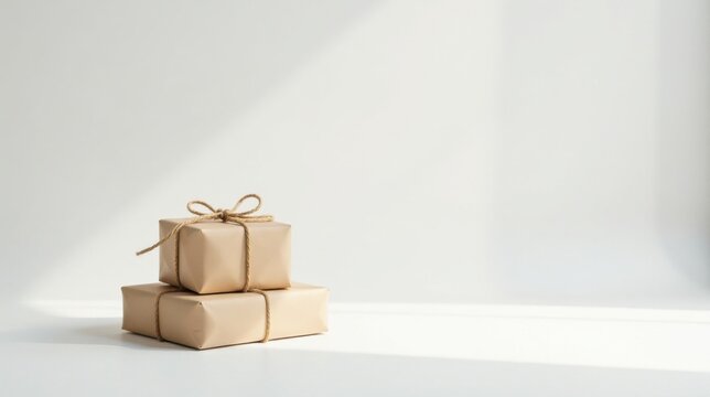 Two simply wrapped presents sit on a white surface bathed in sunlight
