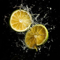 Citrus Splash: Sliced Lime with Vibrant Water Droplets Against a Dark Background for a Refreshing and Dynamic Visual Effect