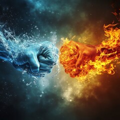 Fototapeta premium Clash of Elements: Fire and Water Fists Collide in a Dynamic and Intense Confrontation of Opposites 