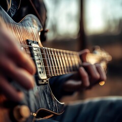 Guitar performance at sunset outdoor setting music event creative vibe close-up view artistic expression