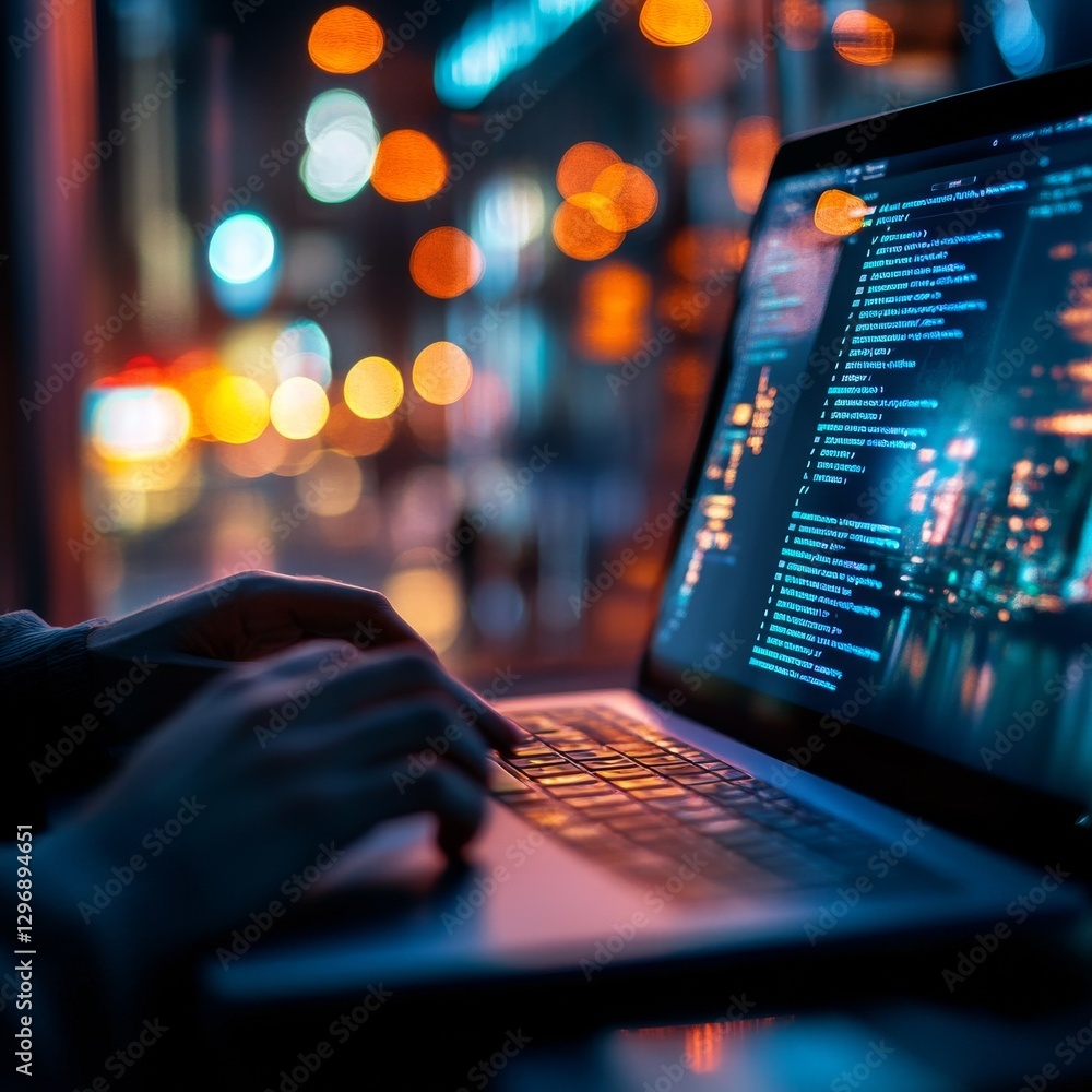 Aufkleber Coding in the City: Programmer's Hands on Laptop Keyboard with Bokeh Lights Background for Software Development.