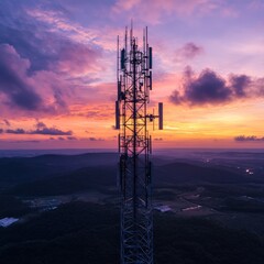 Communication Tower Silhouette at Dusk: A Beacon in the Landscape Under a Vibrant Sky