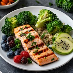 Healthy eating grilled salmon with quinoa & vegetables - cozy kitchen table photography