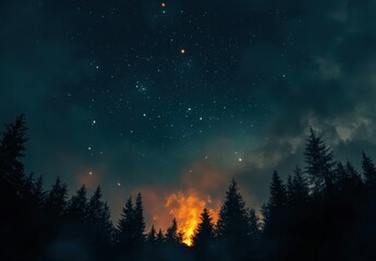 Fototapeta premium A group sits around a campfire under a starry sky