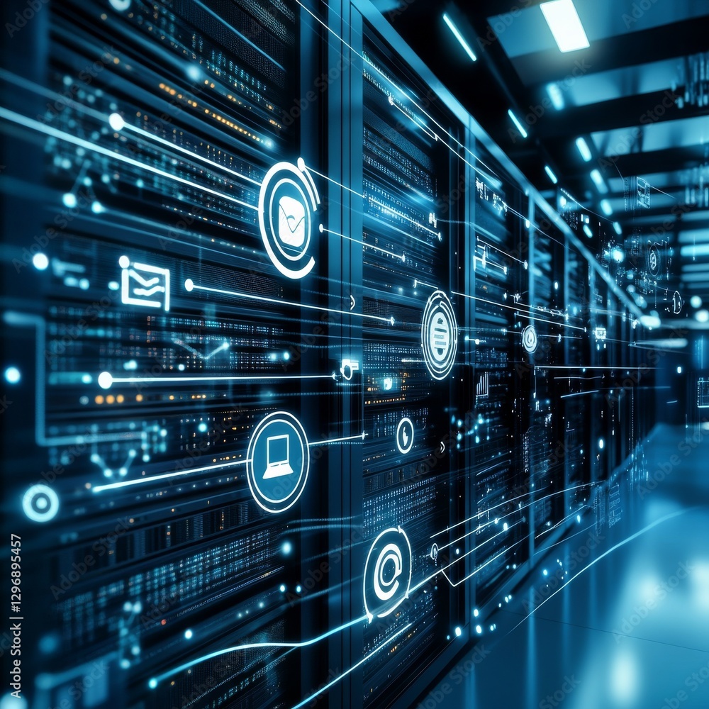 Aufkleber data center infrastructure with digital overlay: network servers and information flow in bright blue
