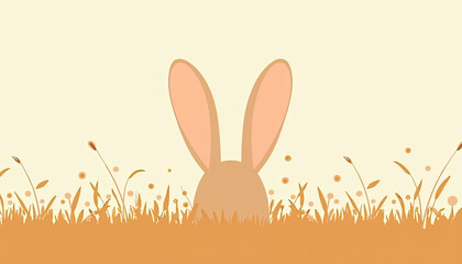 Simple Flat Illustration in Beige Tones of a Rabbit's Silhouette with Large Ears Peeking Out from the Grass
