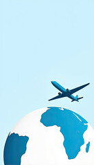 Naklejka premium Simple Flat Illustration of an Airplane Flying Over the Globe in Blue and White Tones, Symbolizing Travel and International Tourism