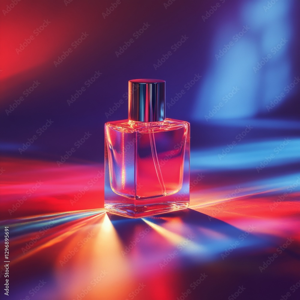 Poster elegance in a bottle: a perfume bottle radiates sophistication with vibrant red and blue light creat