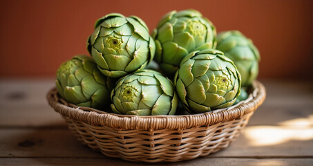 Fototapeta premium Fresh artichokes arranged in a wicker basket on a wooden table with warm lighting, healthy food concept, popularization of local farm products, photos for blogs and magazines