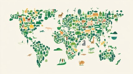 Fototapeta premium Illustrative World Map Showcasing Diverse Global Ecology with Stylized Animals and Trees