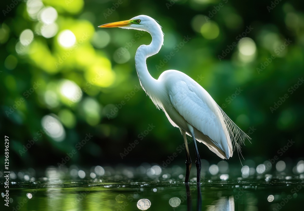 Poster elegant white heron standing gracefully by the water's edge surrounded by lush greenery with soft bo