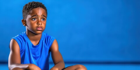A young boy sits quietly on the floor of an indoor gym, wearing a blue sleeveless shirt. His thoughtful expression suggests he is deep in contemplation during a break in a youth sports practice