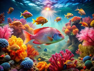 Underwater Double Exposure: Barred Pargo Fish & Coral Reef