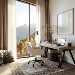 Cozy home office setup with scenic mountain view modern decor warm environment indoor perspective
