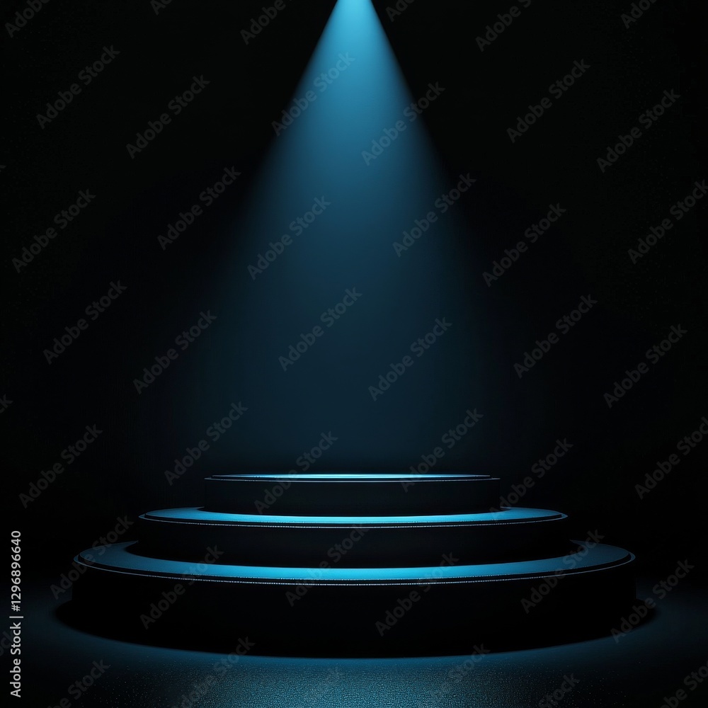 Poster elegant three-tiered stage bathed in teal spotlight, ready for presentation or product showcase in a