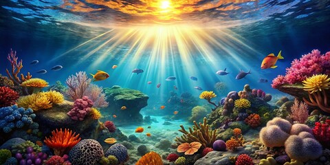 Obraz premium Underwater Sunbeams Illuminate Ocean Floor, Waves & Rocks: Vibrant Stock Photo