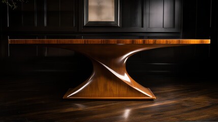 A polished wooden table featuring an unusual and creative support design