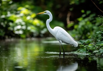 Fototapeta premium Elegant white heron standing gracefully in calm waters, surrounded by lush green foliage in a serene natural setting, showcasing beauty of wildlife and nature.