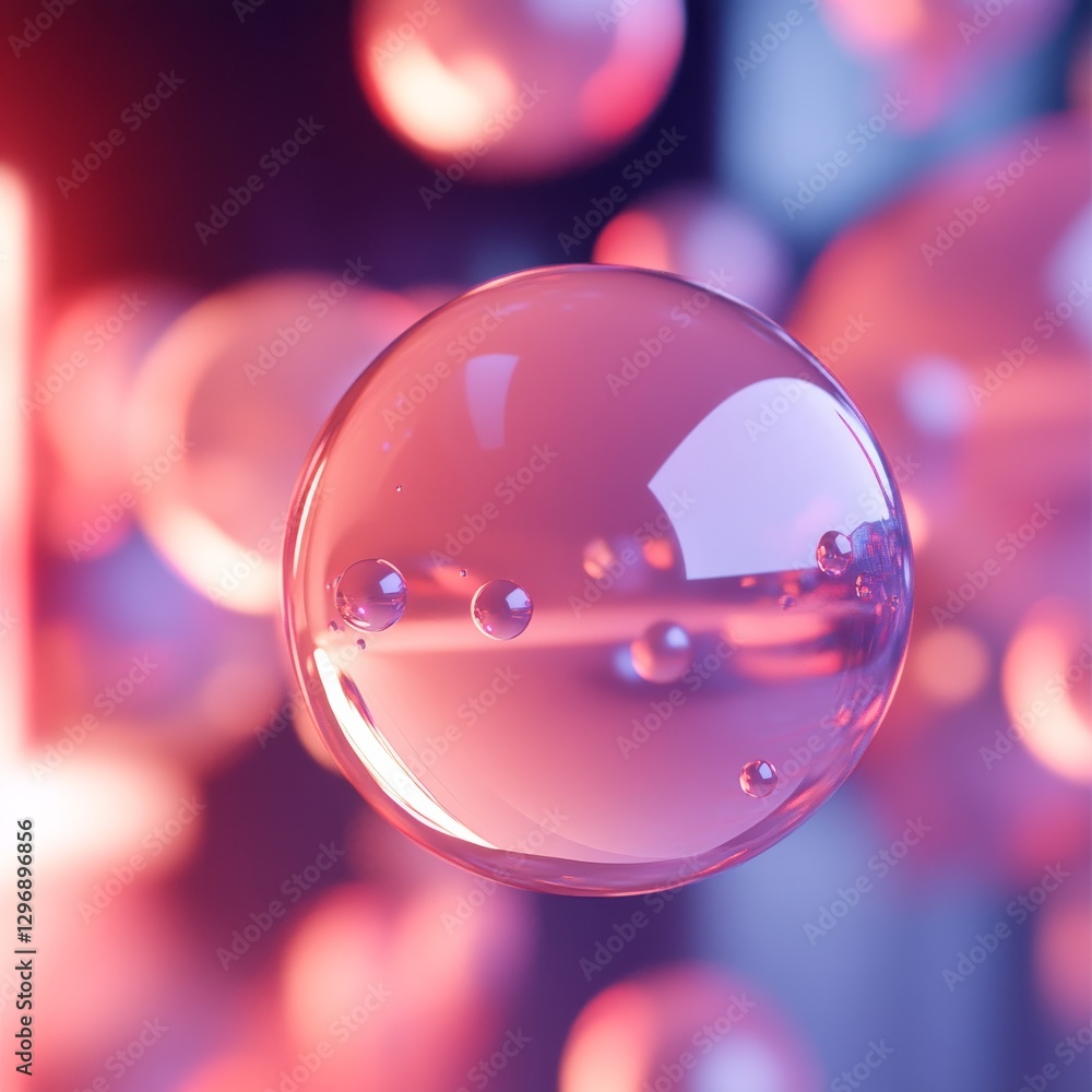 Poster ethereal spheres: abstract pink and purple floating bubbles with light reflections and transparent t