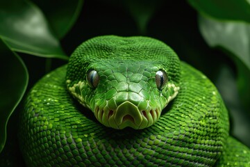 Fototapeta premium Green snake blends seamlessly with lush foliage, showcasing intr