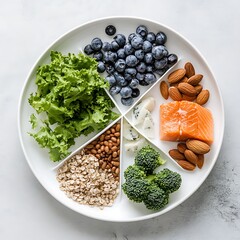 Healthy eating tips nutrient-rich food plate kitchen photography bright overhead view