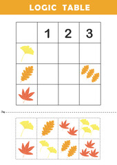 Logic game for children. Logic table worksheet for kids. Cut and match worksheet for preschool children.
