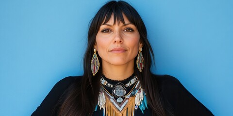 Fototapeta premium A woman stands confidently in front of a vibrant blue wall, adorned with traditional Indigenous jewelry and a beautifully detailed necklace, expressing cultural pride