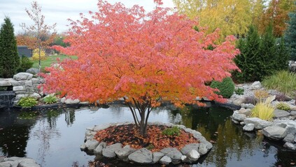 Vibrant autumn tree in a serene pond setting.
