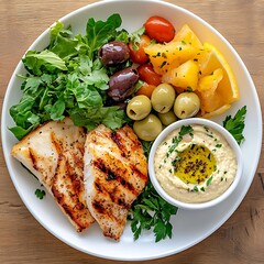 Healthy grilled fish plate kitchen food photography rustic setting top down view culinary delight