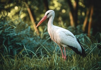 Elegant white stork standing gracefully in lush green grass surrounded by soft sunlight filtering through trees in serene natural habitat