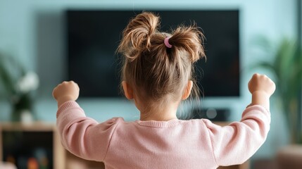 A young girl with pigtails raises her arms in excitement while watching TV, embodying the pure joy and enthusiasm children feel when engaged with their favorite shows.