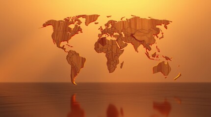 Wooden world map. Detailed craftsmanship, global geography, warm colors, reflection, abstract concept.