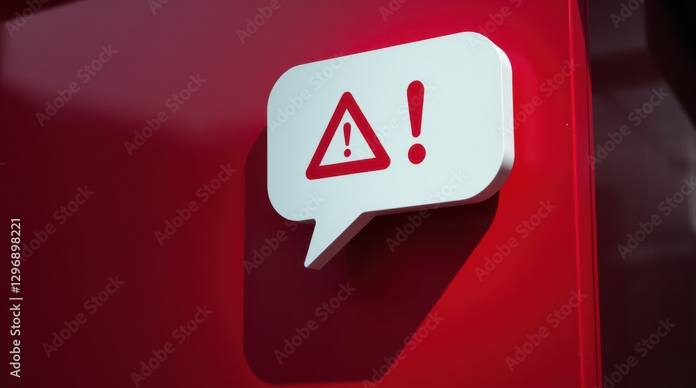 Poster warning icon on a red background, showing a speech bubble with exclamation mark and triangle symbol.