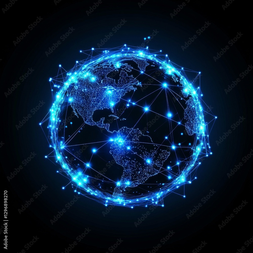 Aufkleber global network connection: a futuristic earth globe with glowing blue digital connectivity overlay.