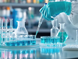 A gloved hand in blue is operating a pipette to transfer liquid into a petri dish, with various lab apparatus around, indicating a scientific procedure.