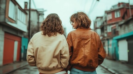 Two women walk side by side through a charming alleyway, displaying friendship and connection, surrounded by artistic urban architecture and vibrant colors.
