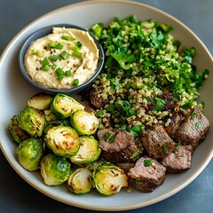 Grilled steak and quinoa salad with brussels sprouts kitchen food plating indoor top-down view healthy eating