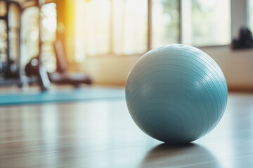 A fitness ball resting on a gym floor, bathed in natural sunlight. The blurred background and spacious room create a peaceful and motivating workout atmosphere.
