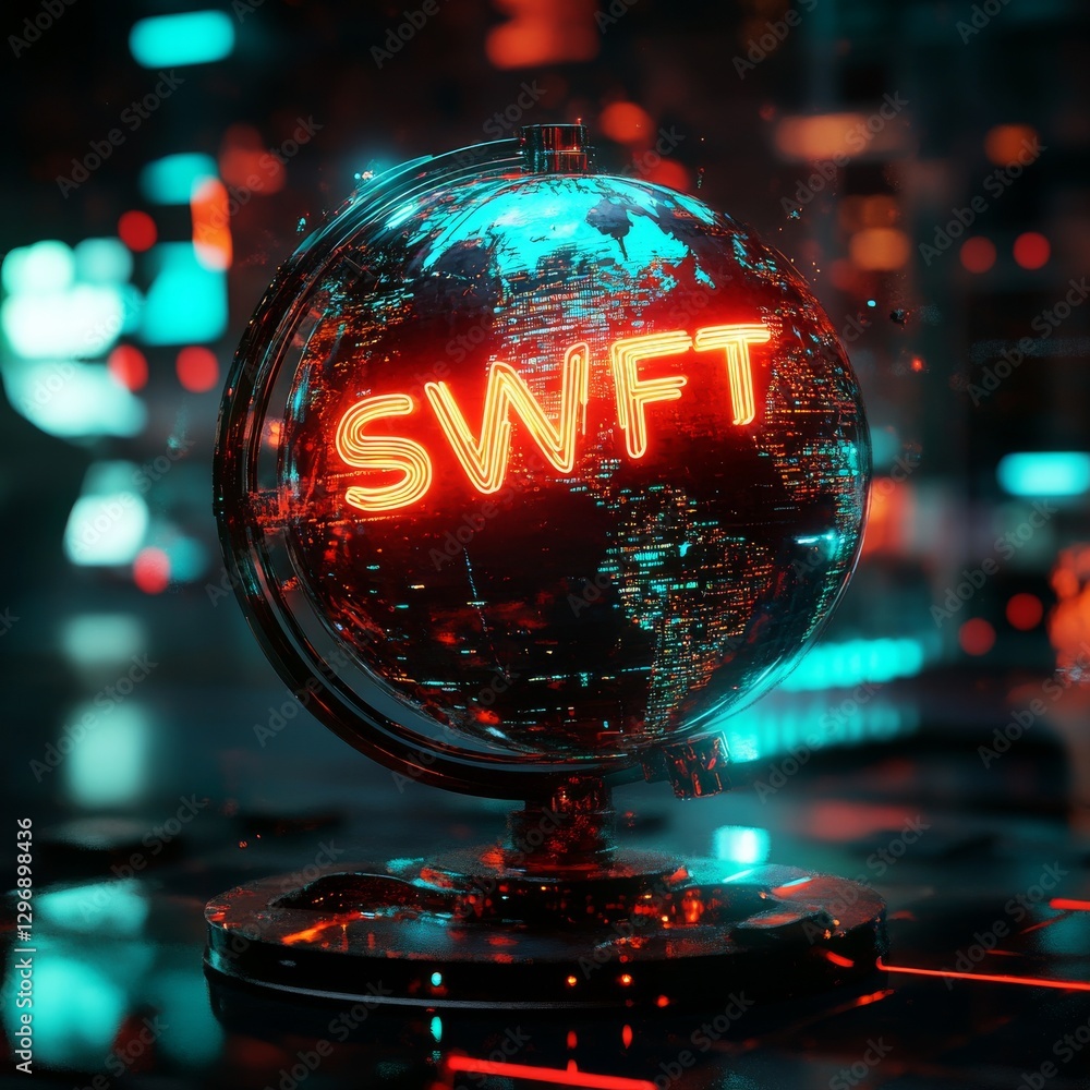Aufkleber global swift: a neon-lit earth globe with cyberpunk aesthetics and technological undercurrents.