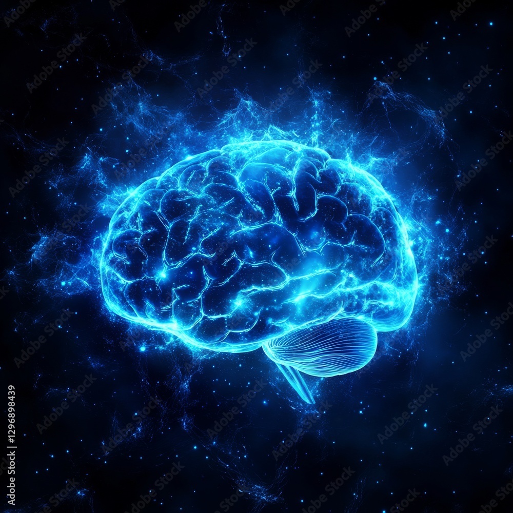 Poster glowing blue brain on dark background representing intelligence, consciousness and neurological scie